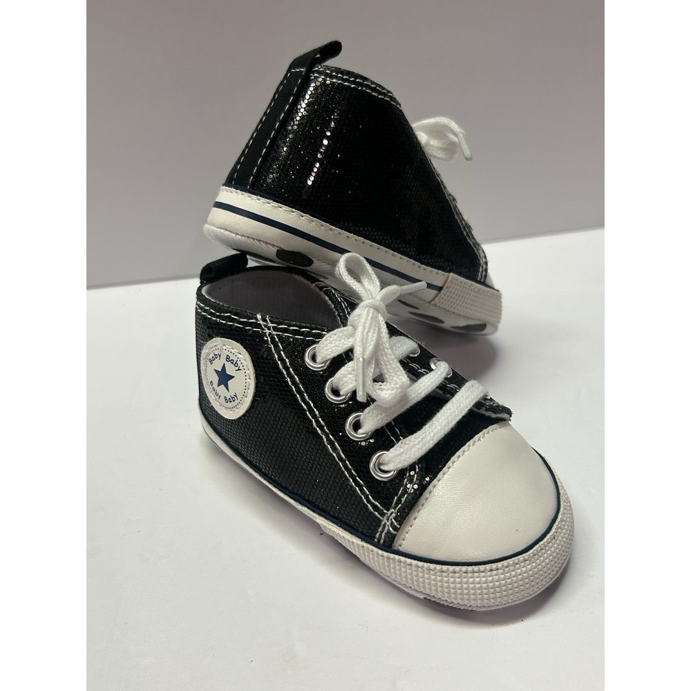 New Baby‎ Canvas Star Black Shimmer Soft Sole Sneakers Sz 3